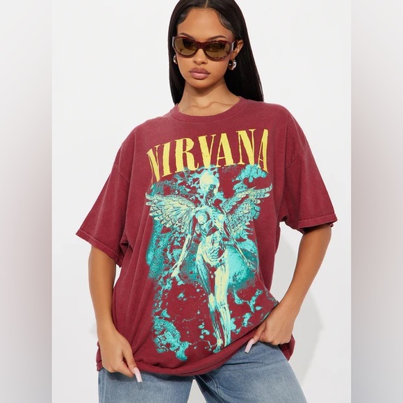 NIRVANA Fashion Nova NWOT Maroon and Teal Graphic Band Tee Shirt - Picture 1 of 4
